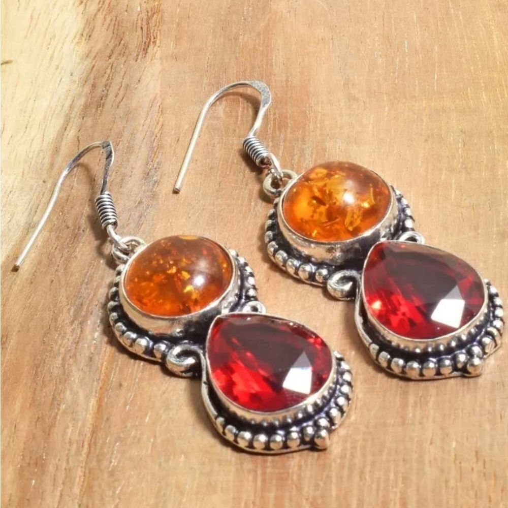 Amber Garnet Handmade Drop Dangle Earrings Jewelry 2.08"